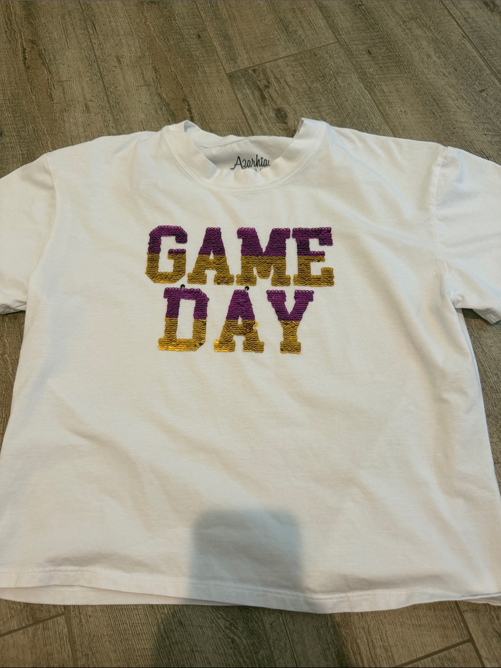 White Sequin "Game Day" Tee - Purple & Gold Lettering